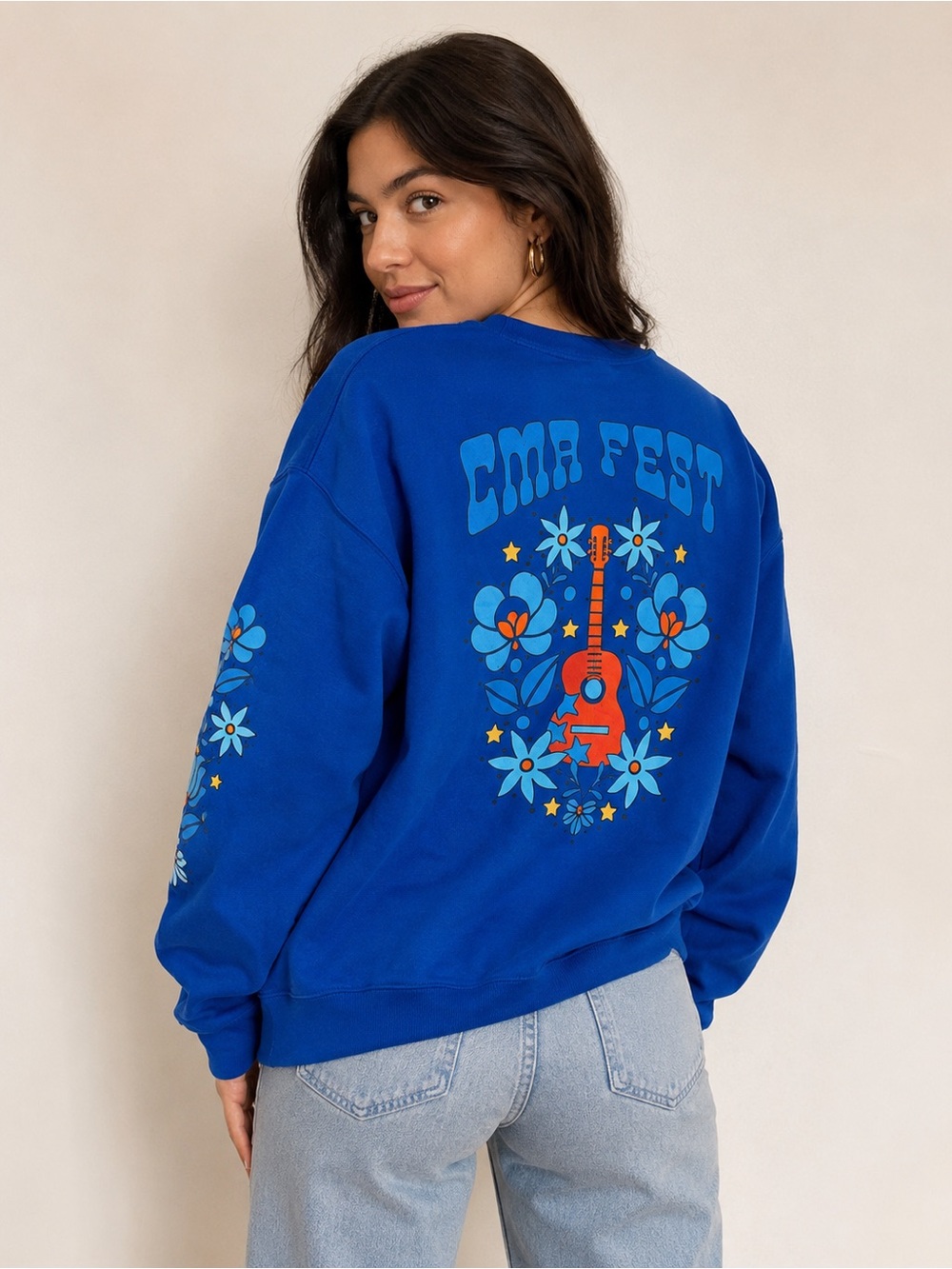 NWOT RARE CMA Fest Blue Floral Guitar Crewneck Sweatshirt NEW never worn